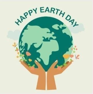 Hands holding up a green graphic of Earth with flowers sprouting from the hands and two clouds on either side surrounding the top with the words "Happy Earth Day" circling the top in front of a light gray background