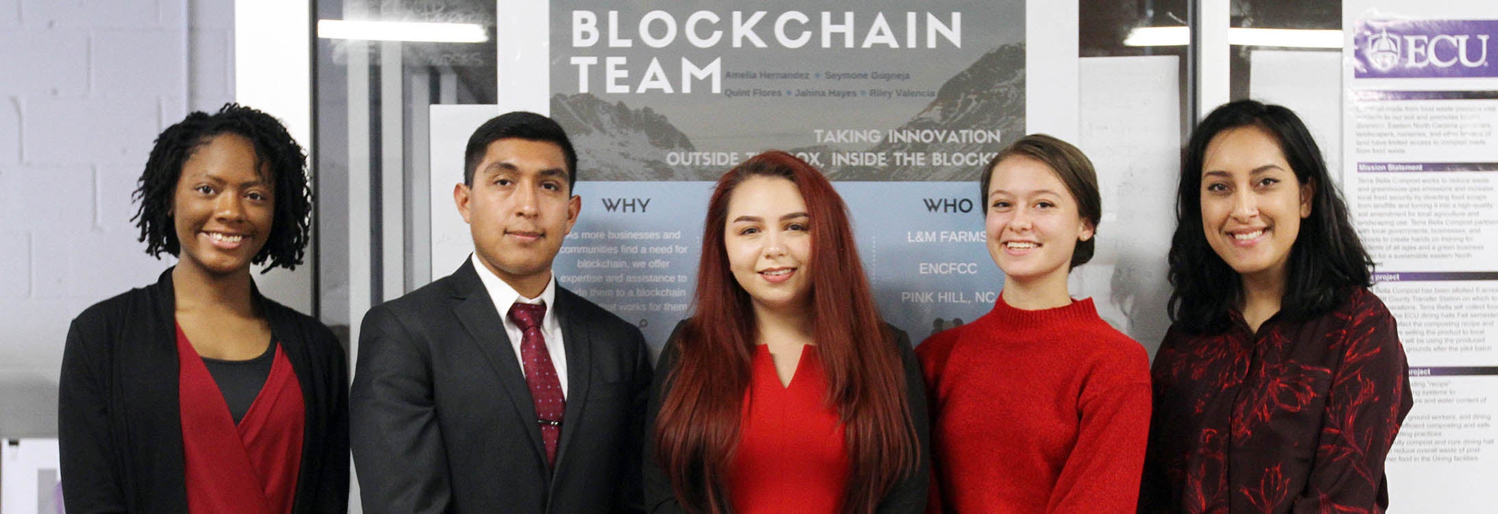 From left, Jahina Hayes, Quint Flores, Amelia Hernandez, Riley Valencia and Seymone Gugneja make up the HonestBlox team that is a finalist for the Pirate Entrepreneurship Challenge. (Photo by Ken Buday)