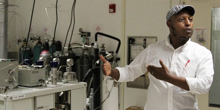 Dr. Kura Duba, pictured in his lab in the Science and Technology Building last year, is the principal investigator for a $1.4 million grant through the University of North Carolina System’s Research Opportunities Initiative designed to develop a no-waste, sustainable water desalination system. (Photo by Ken Buday)