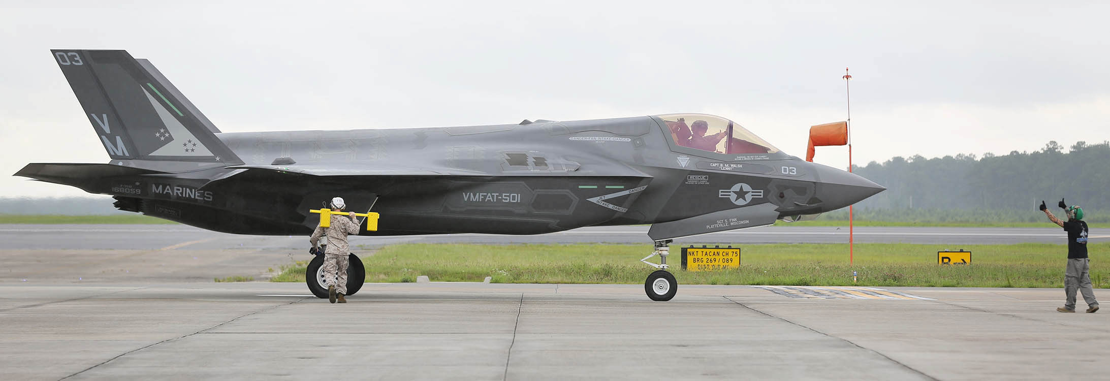 An F-35B Lightning II taxis at Marine Corps Air Station Cherry Point. It’s one of the types of aircraft ECU engineering students are working with as part of the new Engineering Developmental Assistance Program through Fleet Readiness Center East. (Contributed photo by U.S. Marine Corps)