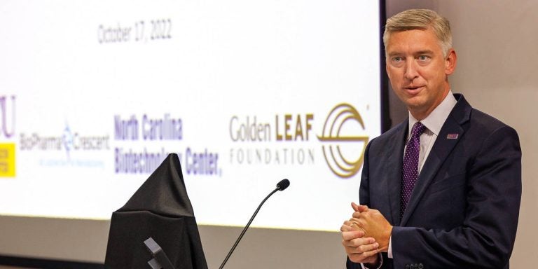 Chancellor Philip Rogers speaks during a ceremony honoring the Golden LEAF Foundation's support of ECU on Monday in the Life Sciences and Biotechnology Building. (Photos by Cliff Hollis)