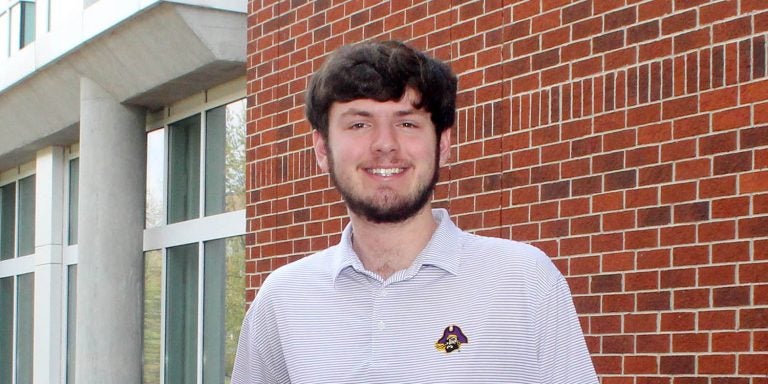 ECU engineering student James Miller has received a SMART scholarship from the Department of Defense. The service for scholarship program will send Miller to Fleet Readiness Center East at Marine Corps Air Station Cherry Point for internships, and eventually, full-time employment. (Photo by Ken Buday)