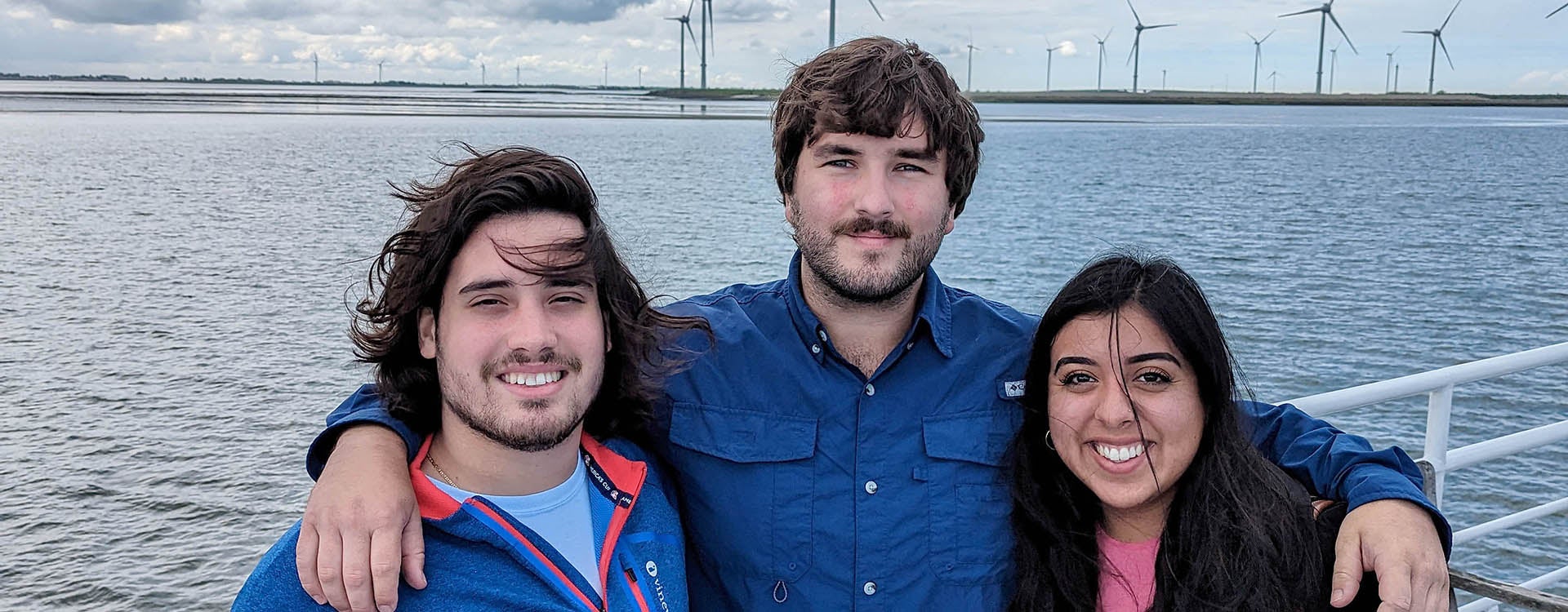 East Carolina University construction management students, from left, Stavros Boardman, Carson Haithcox and Jalene Camey are pictured at the “Oosterscheldekering,” which is the eastern storm surge barrier in the Netherlands. They visited the county as part of HAN University's International Week. (Contributed photos)