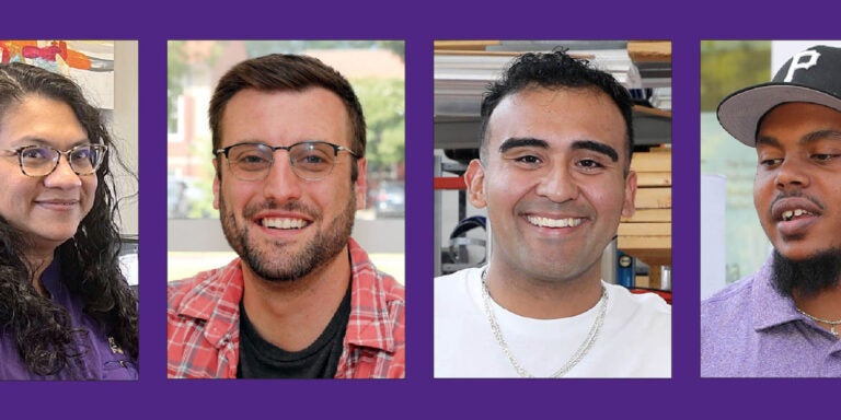 Four separate images of a female student in a purple shirt, a male student in a plaid shirt, a male student in a white shirt and a male student with purple shirt and black hat are centered on a background of purple.