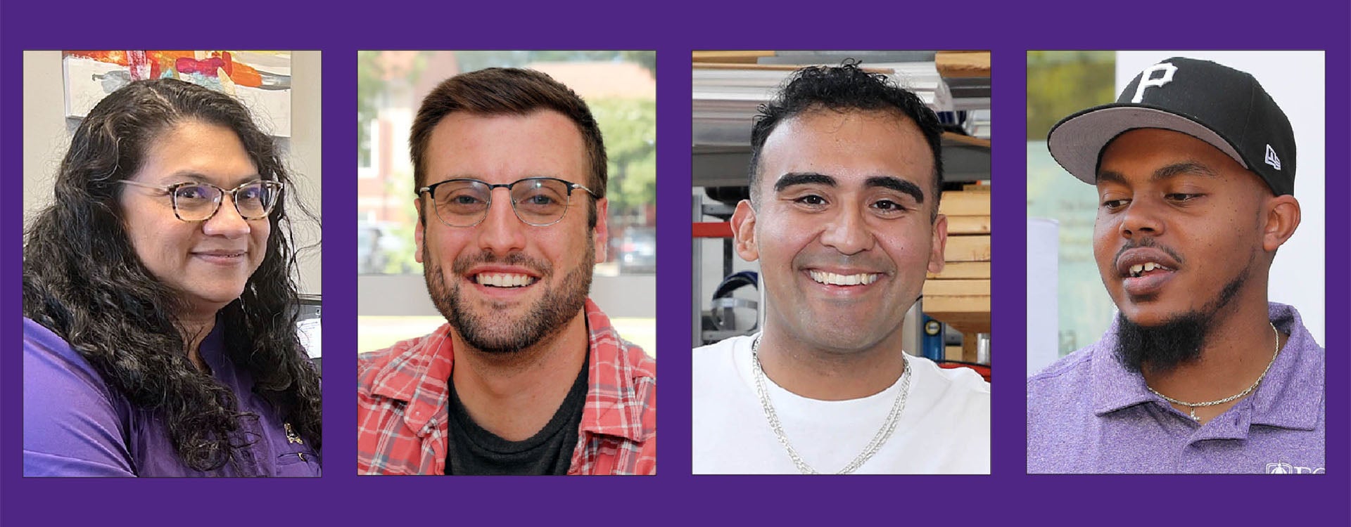 Four separate images of a female student in a purple shirt, a male student in a plaid shirt, a male student in a white shirt and a male student with purple shirt and black hat are centered on a background of purple.